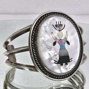 Dancing Kachina Zuni Mother Of Pearl Sterling Silver Cuff Bracelet Native S.H.
